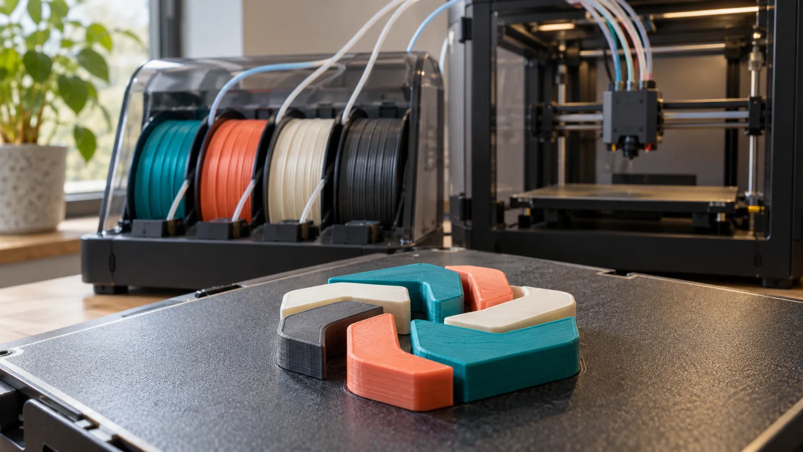 Çok renkli filament ünitesiyle çalışan 3D yazıcı ve tablada basılmış turkuaz, mercan, krem ve siyah renkli parça