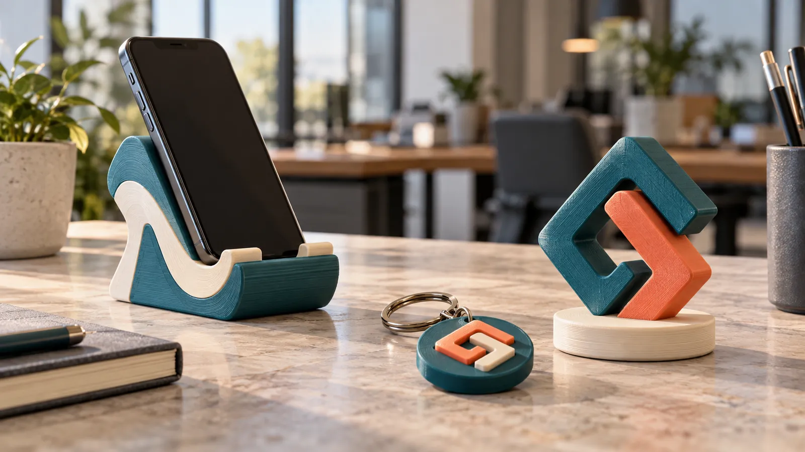 Ofis masasında 3D baskı telefon standı, logo heykeli ve logolu anahtarlık