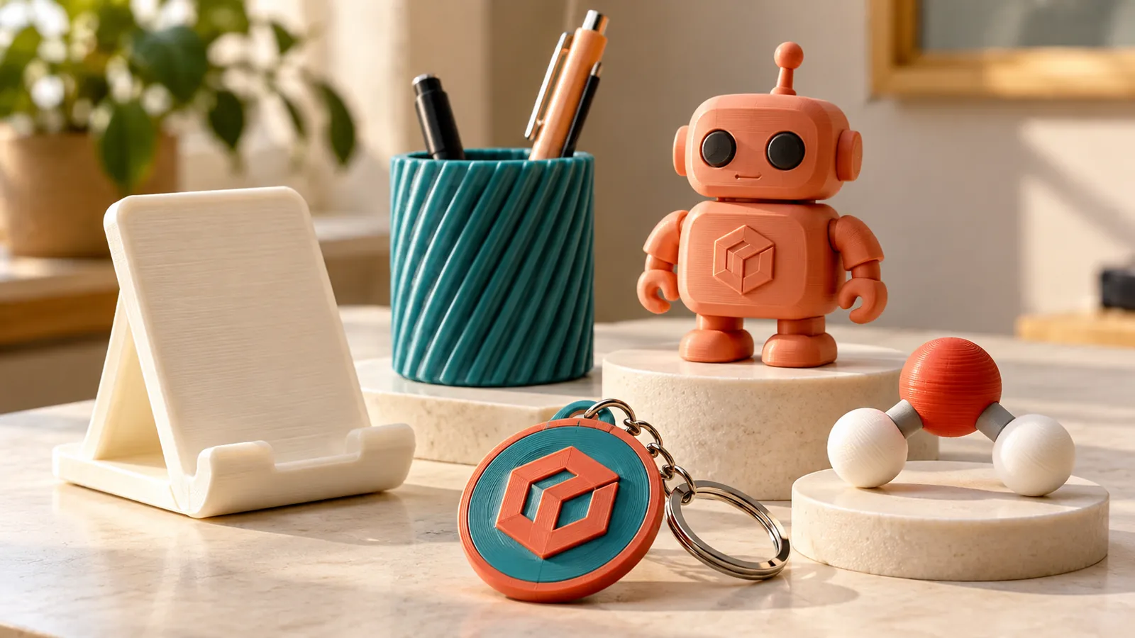 3D baskı telefon standı, kalemlik, robot figür, logolu anahtarlık ve molekül modeli