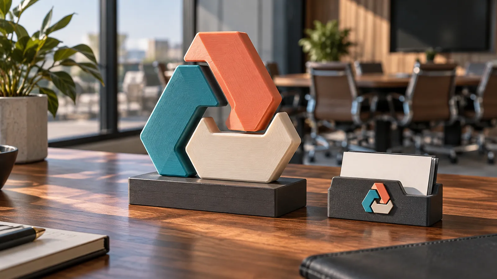 Toplantı odasında 3D baskı masaüstü logo tabelası ve logolu kartvizitlik