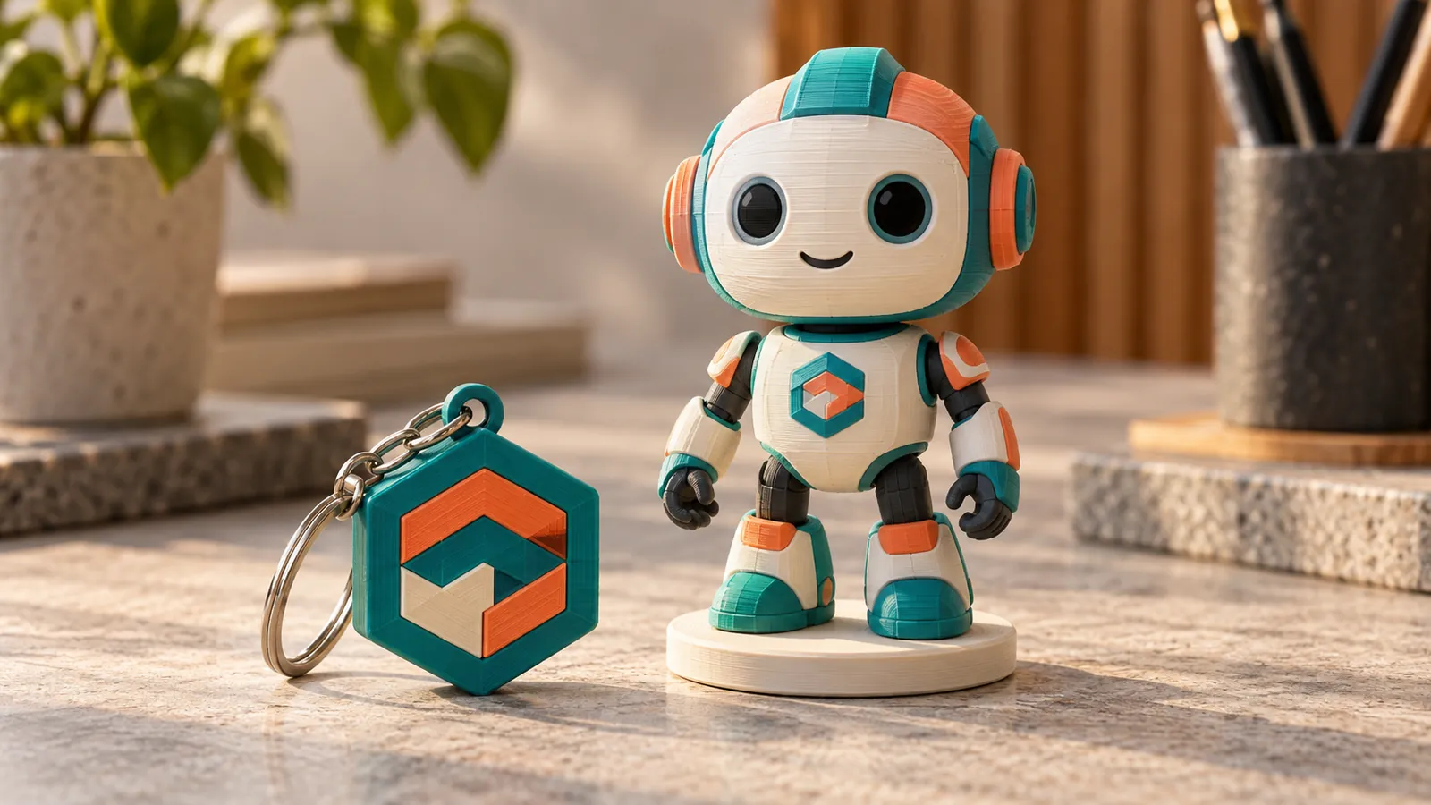 Logolu altıgen 3D baskı anahtarlık ile maskot robot figürü yan yana