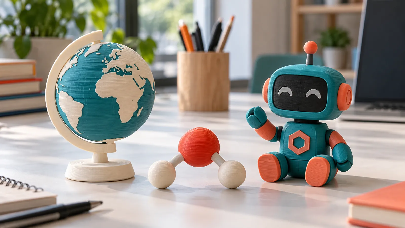 3D baskı dünya küresi, molekül modeli ve robot maskot figürü