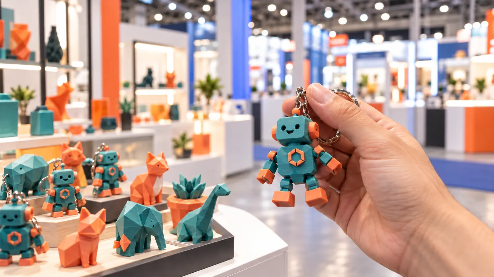 Fuar standında sergilenen low-poly 3D baskı hayvan figürleri ve robot anahtarlık
