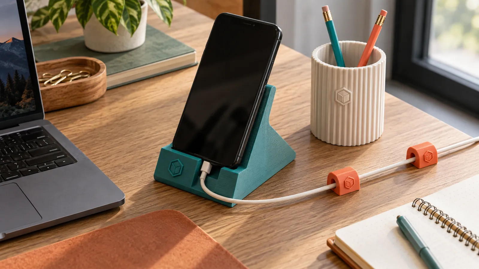 Masada logolu 3D baskı telefon standı, kalemlik ve kablo düzenleyiciler