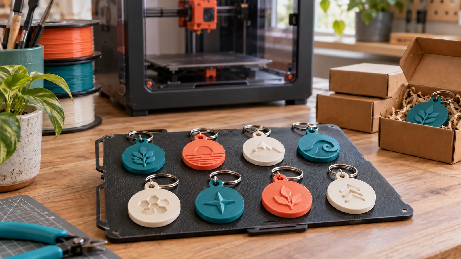 Baskı tablasında farklı renk ve desenlerde küçük seri 3D baskı anahtarlıklar