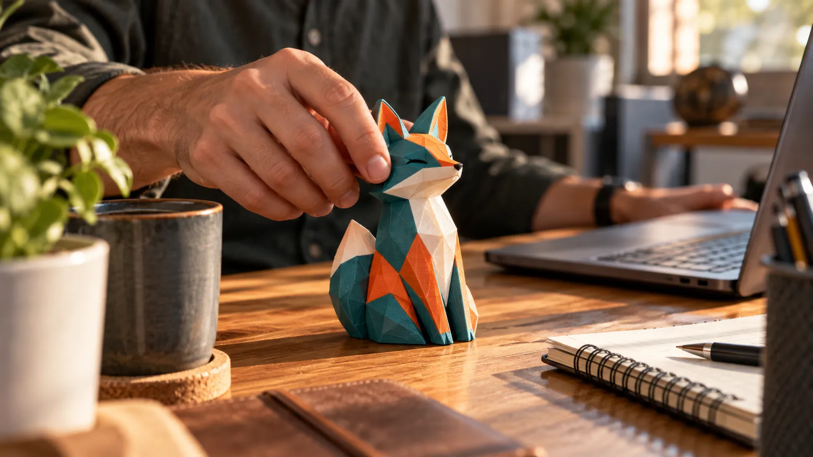 Masada duran çok renkli low-poly 3D baskı tilki figürü