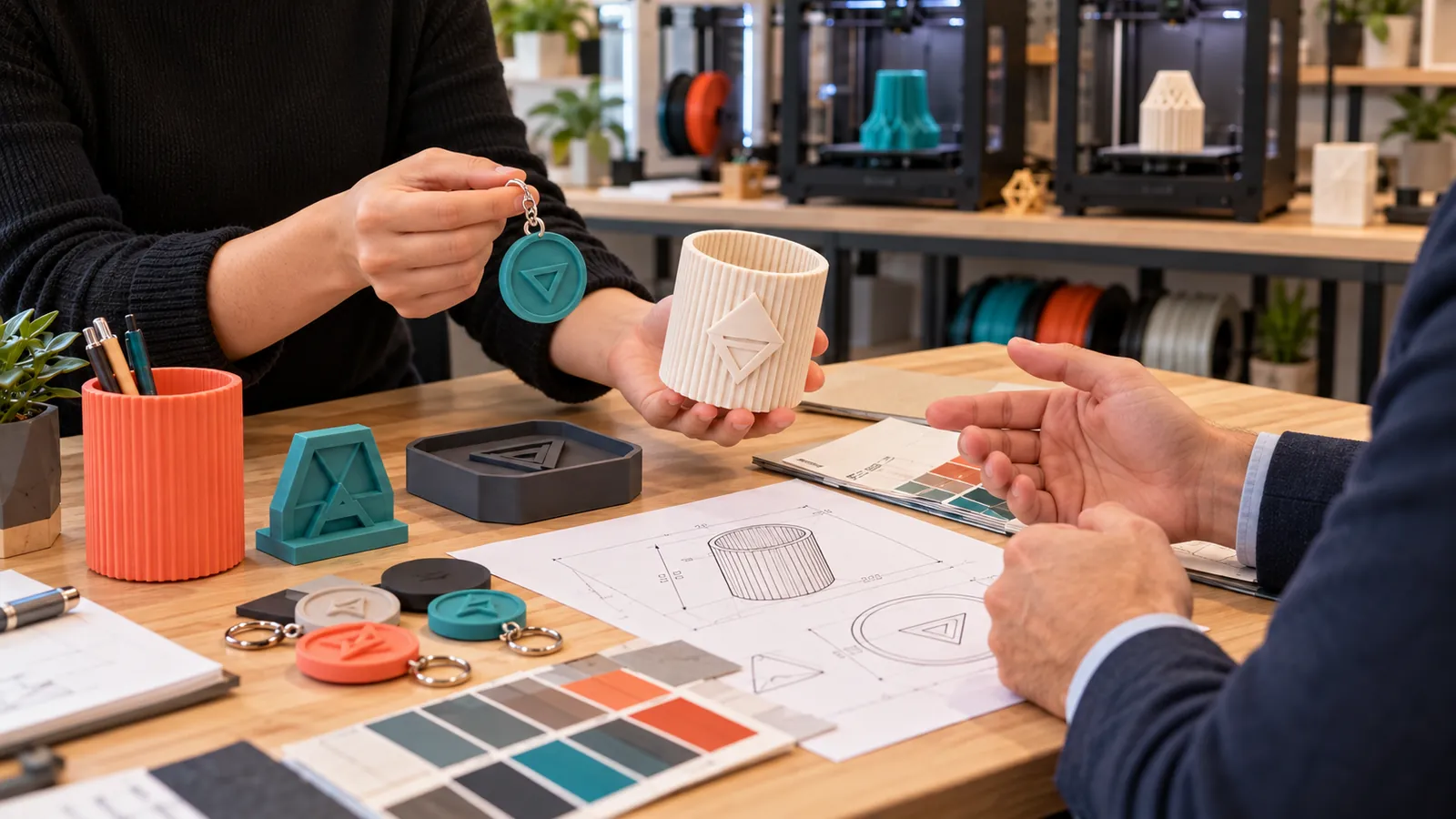 Atölyede teknik çizimler ve numunelerle müşteriye 3D baskı ürün sunumu
