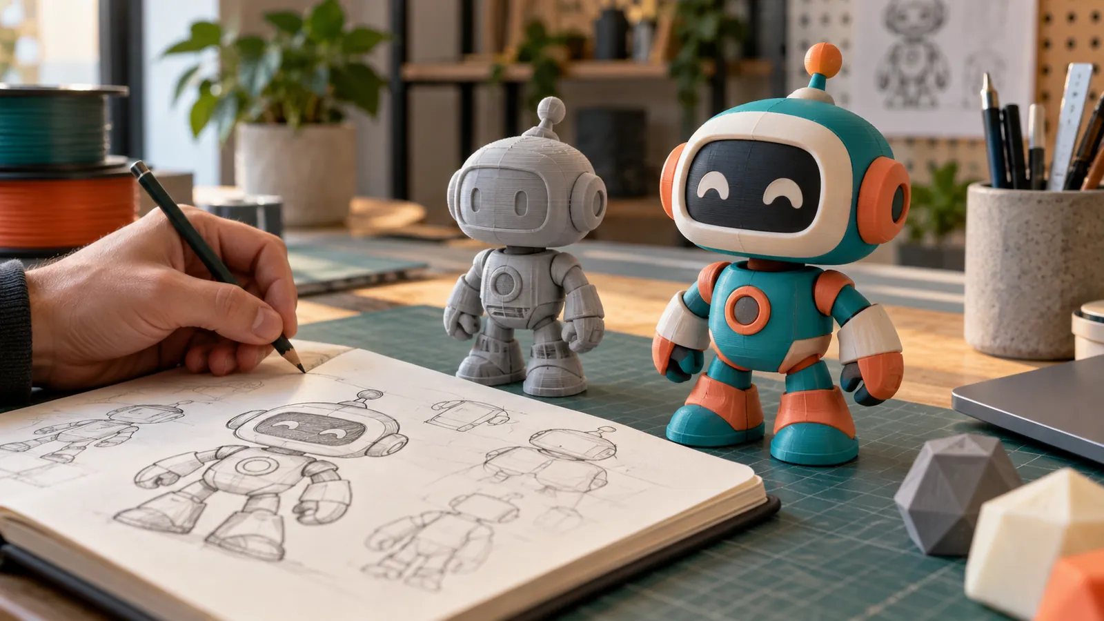Eskiz defteri, gri prototip ve boyalı 3D baskı robot maskot figürü