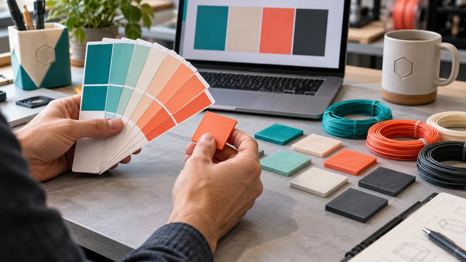 Pantone renk kartelasıyla karşılaştırılan filament renk numuneleri