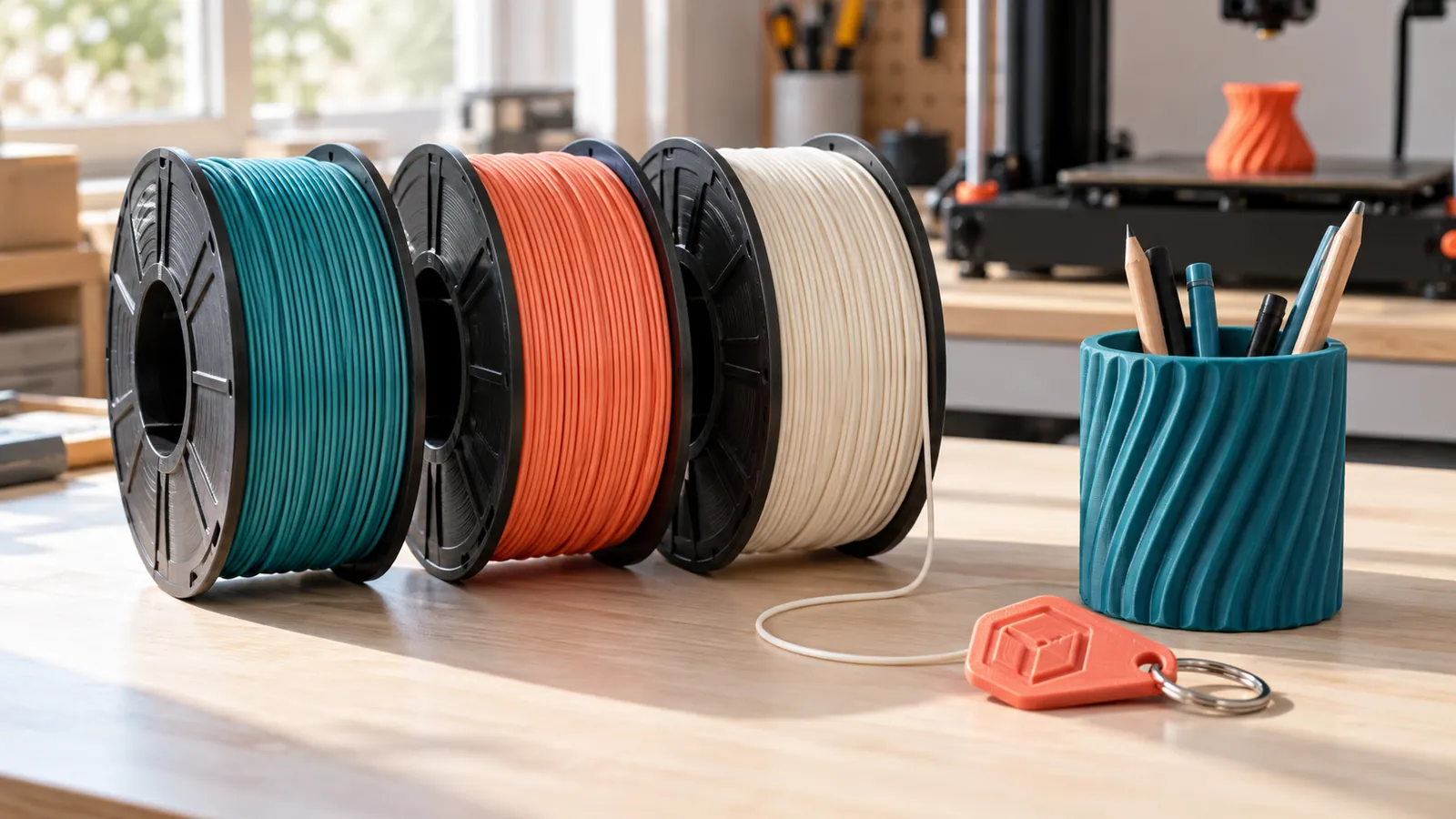 Turkuaz, mercan ve krem PLA filament makaraları ile 3D baskı kalemlik ve anahtarlık