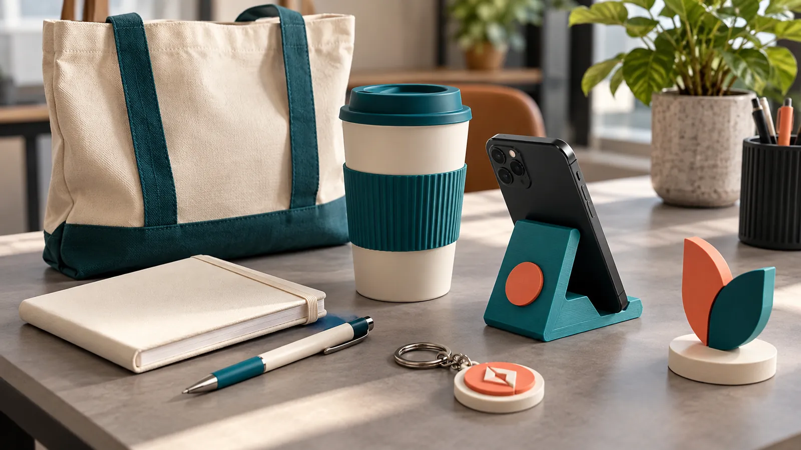 Bez çanta, termos bardak, defter, kalem, telefon standı ve anahtarlıktan oluşan promosyon ürünleri