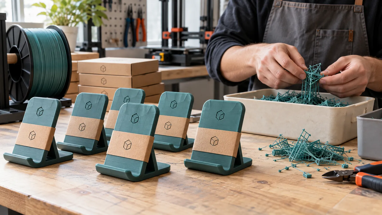 Atölyede destek yapıları temizlenen 3D baskı telefon standları ve kraft ambalajlar