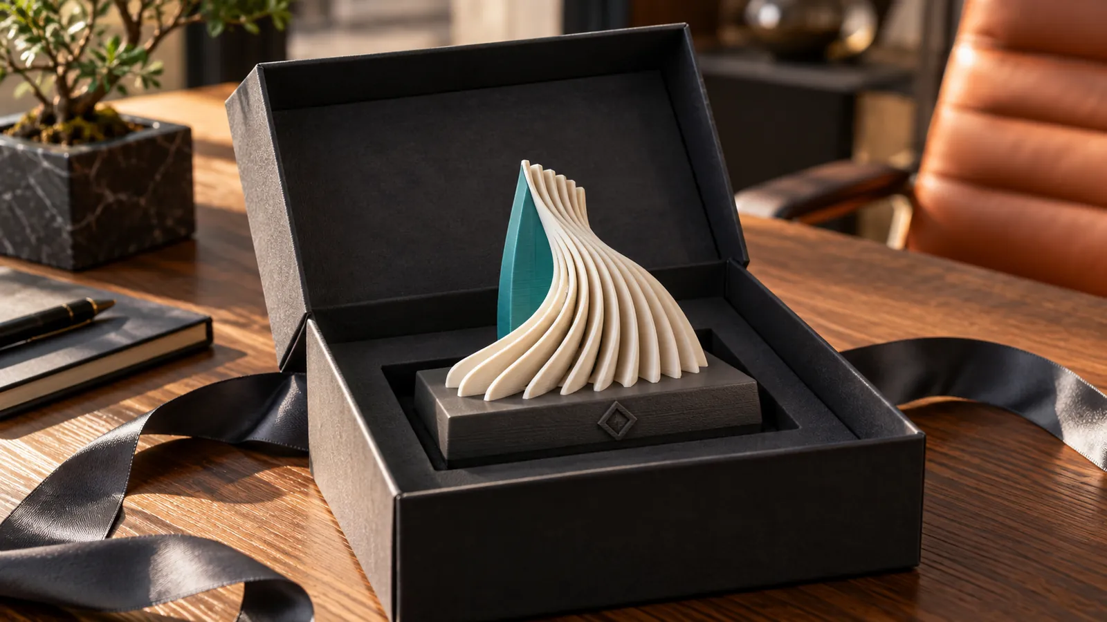 Siyah premium kutuda dalga formlu 3D baskı masaüstü obje